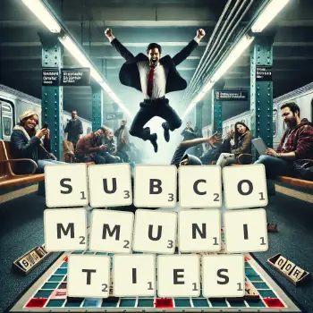 Creative illustration for a Scrabble game with the word SUBCOMMUNITIES spelled out in tiles on the board.