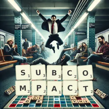Creative illustration for a Scrabble game with the word SUBCOMPACT spelled out in tiles on the board.
