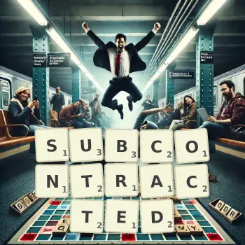 Creative illustration for a Scrabble game with the word SUBCONTRACTED spelled out in tiles on the board.