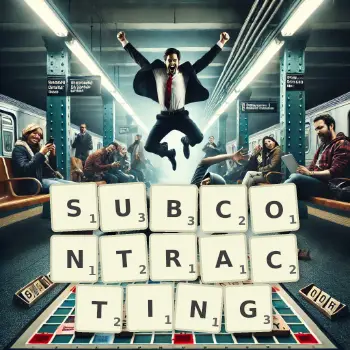 Creative illustration for a Scrabble game with the word SUBCONTRACTING spelled out in tiles on the board.