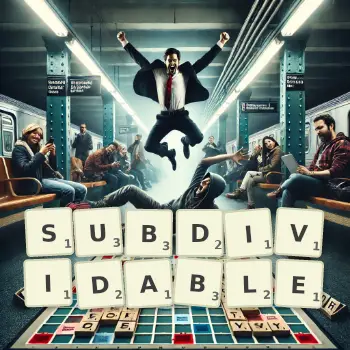 Creative illustration for a Scrabble game with the word SUBDIVIDABLE spelled out in tiles on the board.