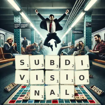 Creative illustration for a Scrabble game with the word SUBDIVISIONAL spelled out in tiles on the board.