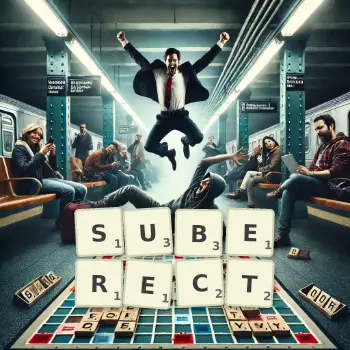 Creative illustration for a Scrabble game with the word SUBERECT spelled out in tiles on the board.