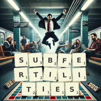 Creative illustration for a Scrabble game with the word SUBFERTILITIES spelled out in tiles on the board.