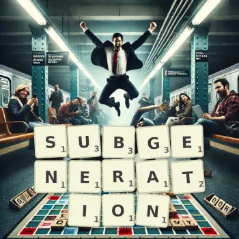 Creative illustration for a Scrabble game with the word SUBGENERATION spelled out in tiles on the board.