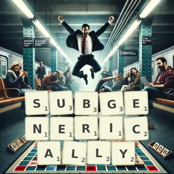 Creative illustration for a Scrabble game with the word SUBGENERICALLY spelled out in tiles on the board.