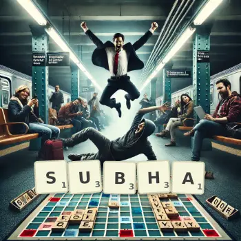 Creative illustration for a Scrabble game with the word SUBHA spelled out in tiles on the board.