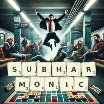 Creative illustration for a Scrabble game with the word SUBHARMONIC spelled out in tiles on the board.