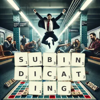 Creative illustration for a Scrabble game with the word SUBINDICATING spelled out in tiles on the board.