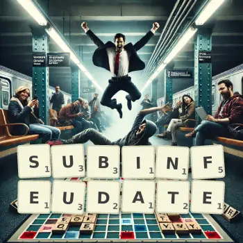 Creative illustration for a Scrabble game with the word SUBINFEUDATE spelled out in tiles on the board.