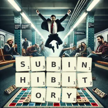 Creative illustration for a Scrabble game with the word SUBINHIBITORY spelled out in tiles on the board.