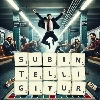 Creative illustration for a Scrabble game with the word SUBINTELLIGITUR spelled out in tiles on the board.