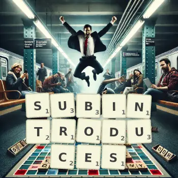 Creative illustration for a Scrabble game with the word SUBINTRODUCES spelled out in tiles on the board.