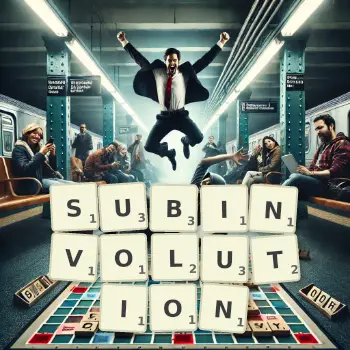 Creative illustration for a Scrabble game with the word SUBINVOLUTION spelled out in tiles on the board.