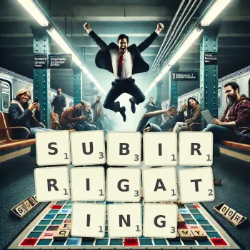 Creative illustration for a Scrabble game with the word SUBIRRIGATING spelled out in tiles on the board.