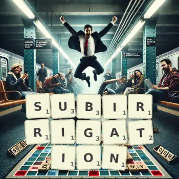 Creative illustration for a Scrabble game with the word SUBIRRIGATION spelled out in tiles on the board.
