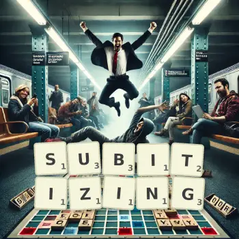 Creative illustration for a Scrabble game with the word SUBITIZING spelled out in tiles on the board.