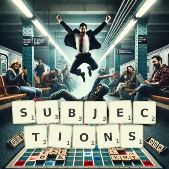 Creative illustration for a Scrabble game with the word SUBJECTIONS spelled out in tiles on the board.