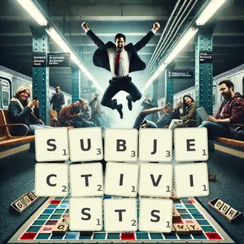 Creative illustration for a Scrabble game with the word SUBJECTIVISTS spelled out in tiles on the board.