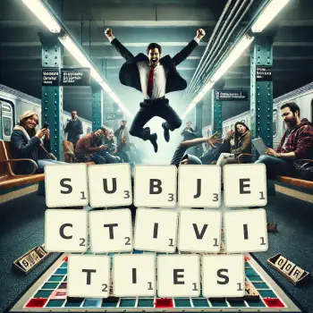 Creative illustration for a Scrabble game with the word SUBJECTIVITIES spelled out in tiles on the board.