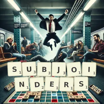 Creative illustration for a Scrabble game with the word SUBJOINDERS spelled out in tiles on the board.
