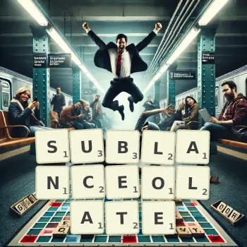 Creative illustration for a Scrabble game with the word SUBLANCEOLATE spelled out in tiles on the board.
