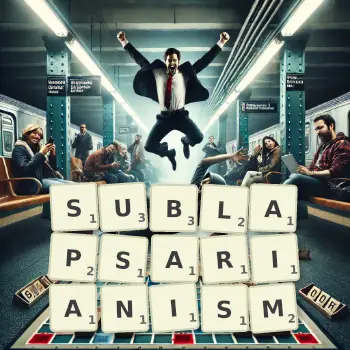 Creative illustration for a Scrabble game with the word SUBLAPSARIANISM spelled out in tiles on the board.
