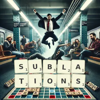 Creative illustration for a Scrabble game with the word SUBLATIONS spelled out in tiles on the board.