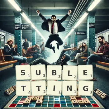 Creative illustration for a Scrabble game with the word SUBLETTING spelled out in tiles on the board.