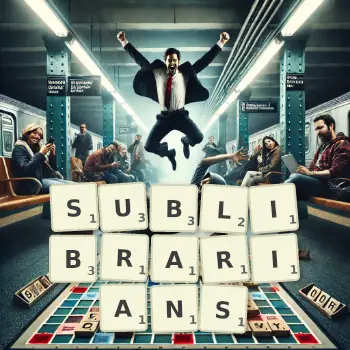 Creative illustration for a Scrabble game with the word SUBLIBRARIANS spelled out in tiles on the board.