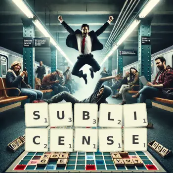 Creative illustration for a Scrabble game with the word SUBLICENSE spelled out in tiles on the board.