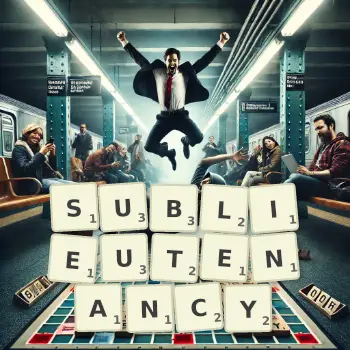 Creative illustration for a Scrabble game with the word SUBLIEUTENANCY spelled out in tiles on the board.