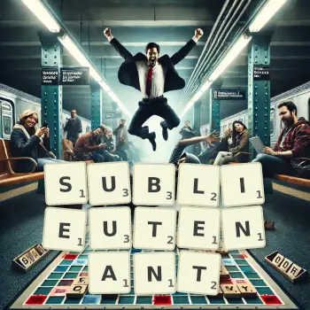 Creative illustration for a Scrabble game with the word SUBLIEUTENANT spelled out in tiles on the board.