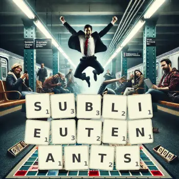 Creative illustration for a Scrabble game with the word SUBLIEUTENANTS spelled out in tiles on the board.