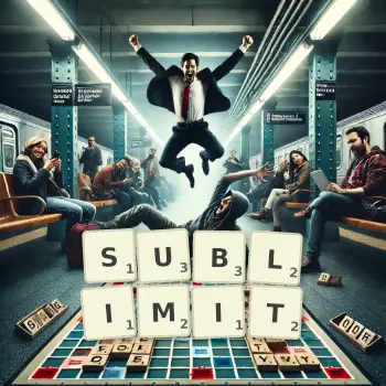 Creative illustration for a Scrabble game with the word SUBLIMIT spelled out in tiles on the board.