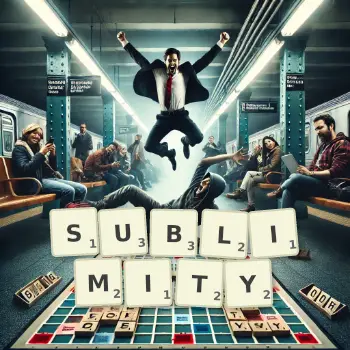 Creative illustration for a Scrabble game with the word SUBLIMITY spelled out in tiles on the board.