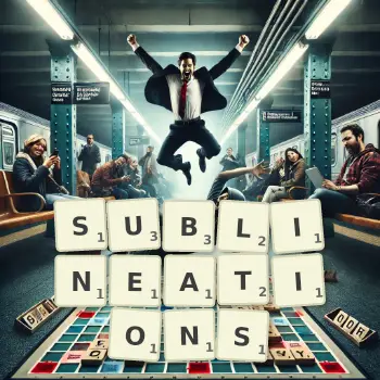 Creative illustration for a Scrabble game with the word SUBLINEATIONS spelled out in tiles on the board.