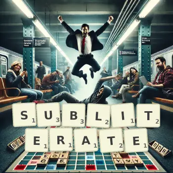 Creative illustration for a Scrabble game with the word SUBLITERATE spelled out in tiles on the board.