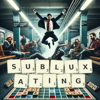 Creative illustration for a Scrabble game with the word SUBLUXATING spelled out in tiles on the board.