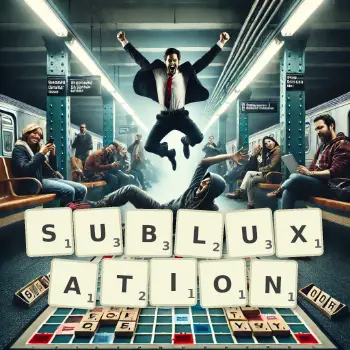 Creative illustration for a Scrabble game with the word SUBLUXATION spelled out in tiles on the board.
