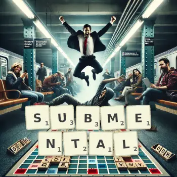 Creative illustration for a Scrabble game with the word SUBMENTAL spelled out in tiles on the board.