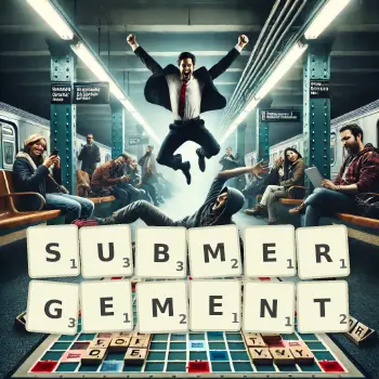 Creative illustration for a Scrabble game with the word SUBMERGEMENT spelled out in tiles on the board.