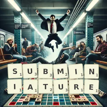 Creative illustration for a Scrabble game with the word SUBMINIATURE spelled out in tiles on the board.