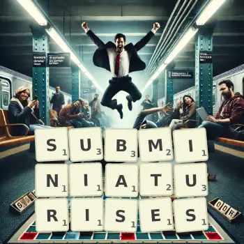 Creative illustration for a Scrabble game with the word SUBMINIATURISES spelled out in tiles on the board.