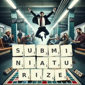 Creative illustration for a Scrabble game with the word SUBMINIATURIZE spelled out in tiles on the board.