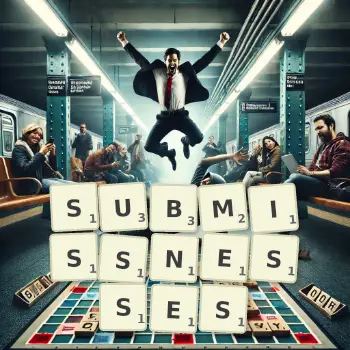 Creative illustration for a Scrabble game with the word SUBMISSNESSES spelled out in tiles on the board.
