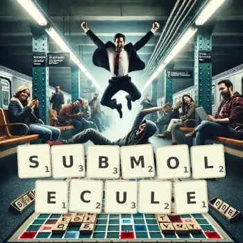 Creative illustration for a Scrabble game with the word SUBMOLECULE spelled out in tiles on the board.