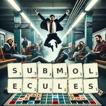 Creative illustration for a Scrabble game with the word SUBMOLECULES spelled out in tiles on the board.