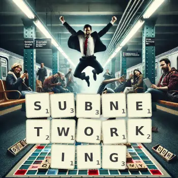Creative illustration for a Scrabble game with the word SUBNETWORKING spelled out in tiles on the board.
