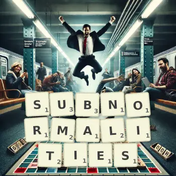 Creative illustration for a Scrabble game with the word SUBNORMALITIES spelled out in tiles on the board.